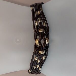 Vintage 1990s Brown Faux Leather Knotted Stretch Belt with Goldtone Details